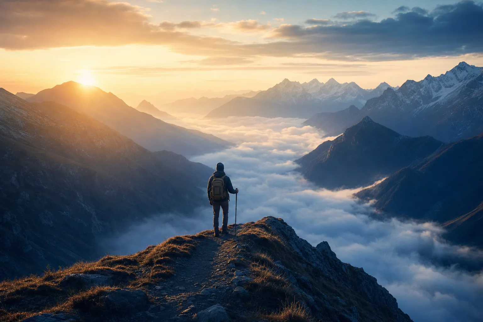 A lone hiker on a dawn ridge