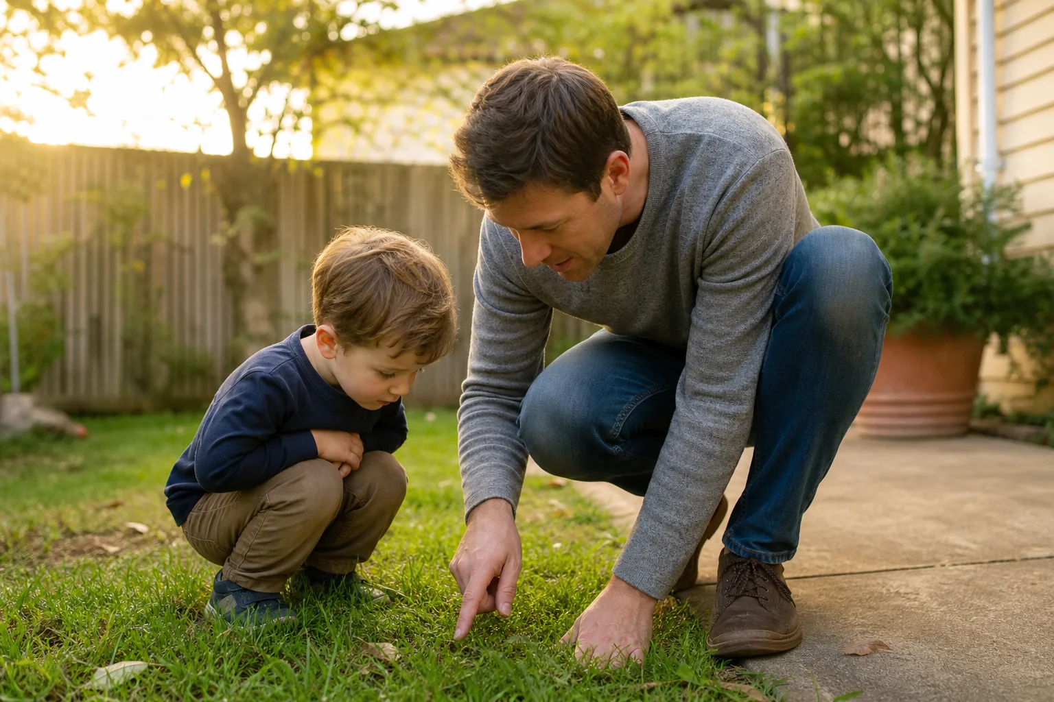 A father and young son crouched together in a backyard, looking closely at something in the grass