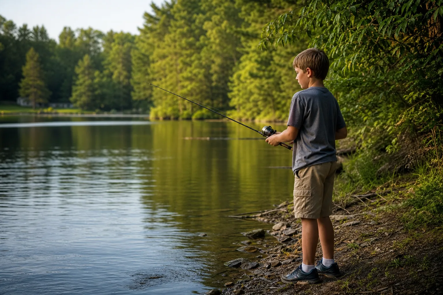 A young boy standing at the edge of a quiet lake, fishing pole in hand, surrounded by trees