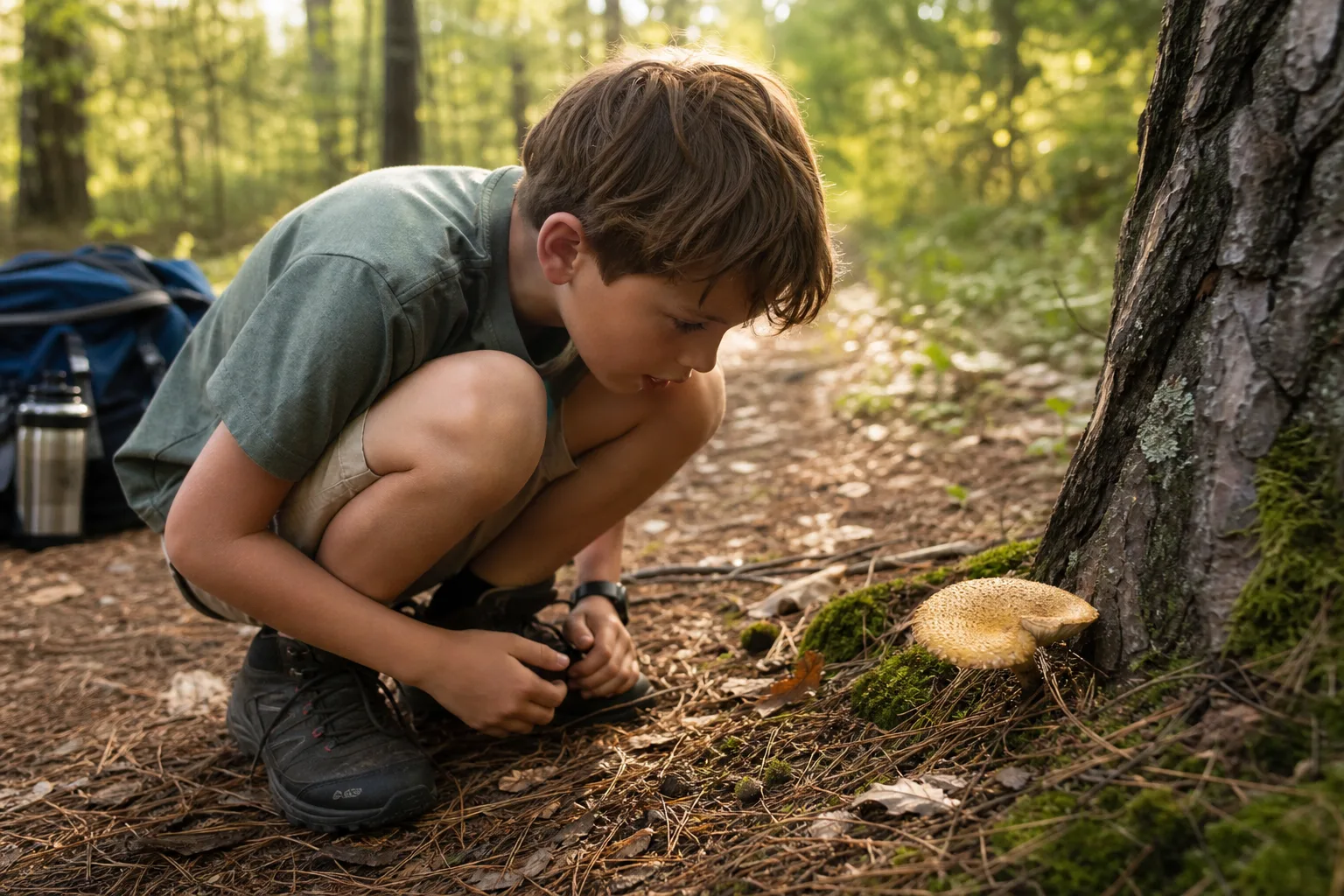 A young boy crouched on a forest trail, closely examining a mushroom growing at the base of a tree