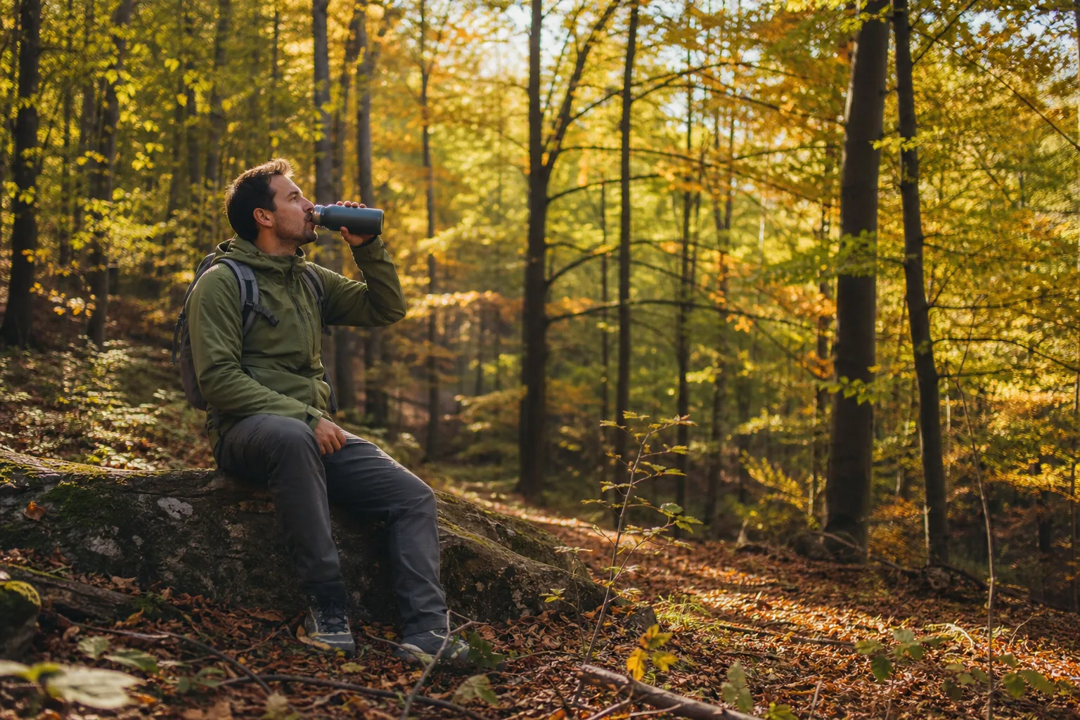 A tired hiker resting on a log along a quiet forest trail