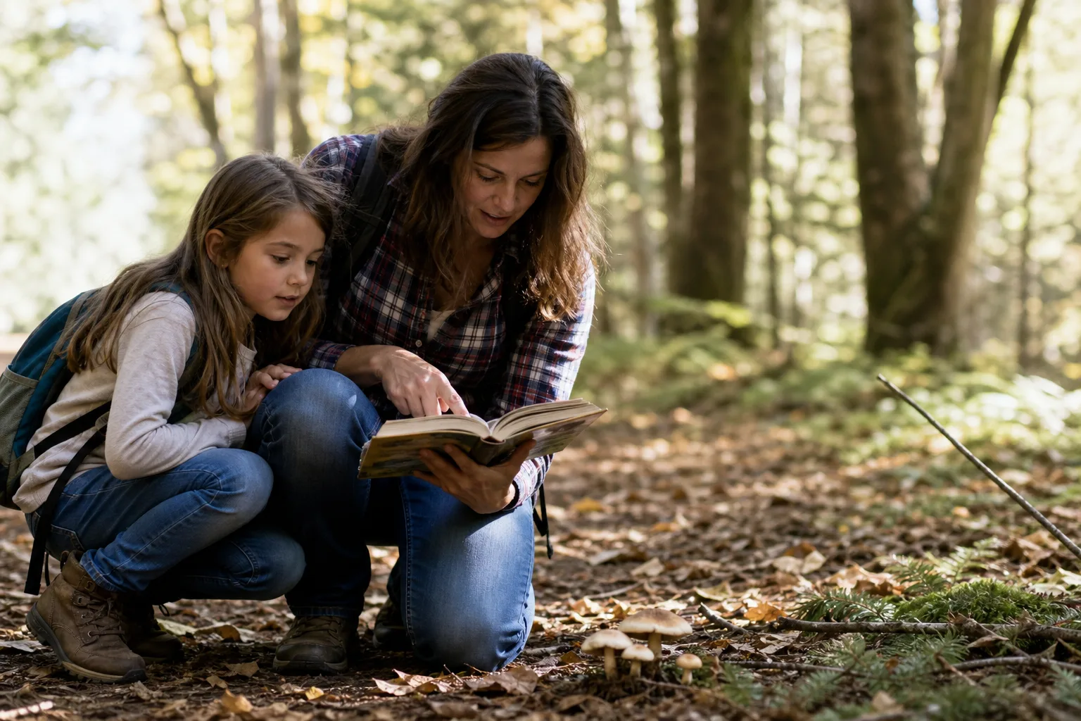 A mother and daughter on a trail together, mother holding open a field guide as they both look at it