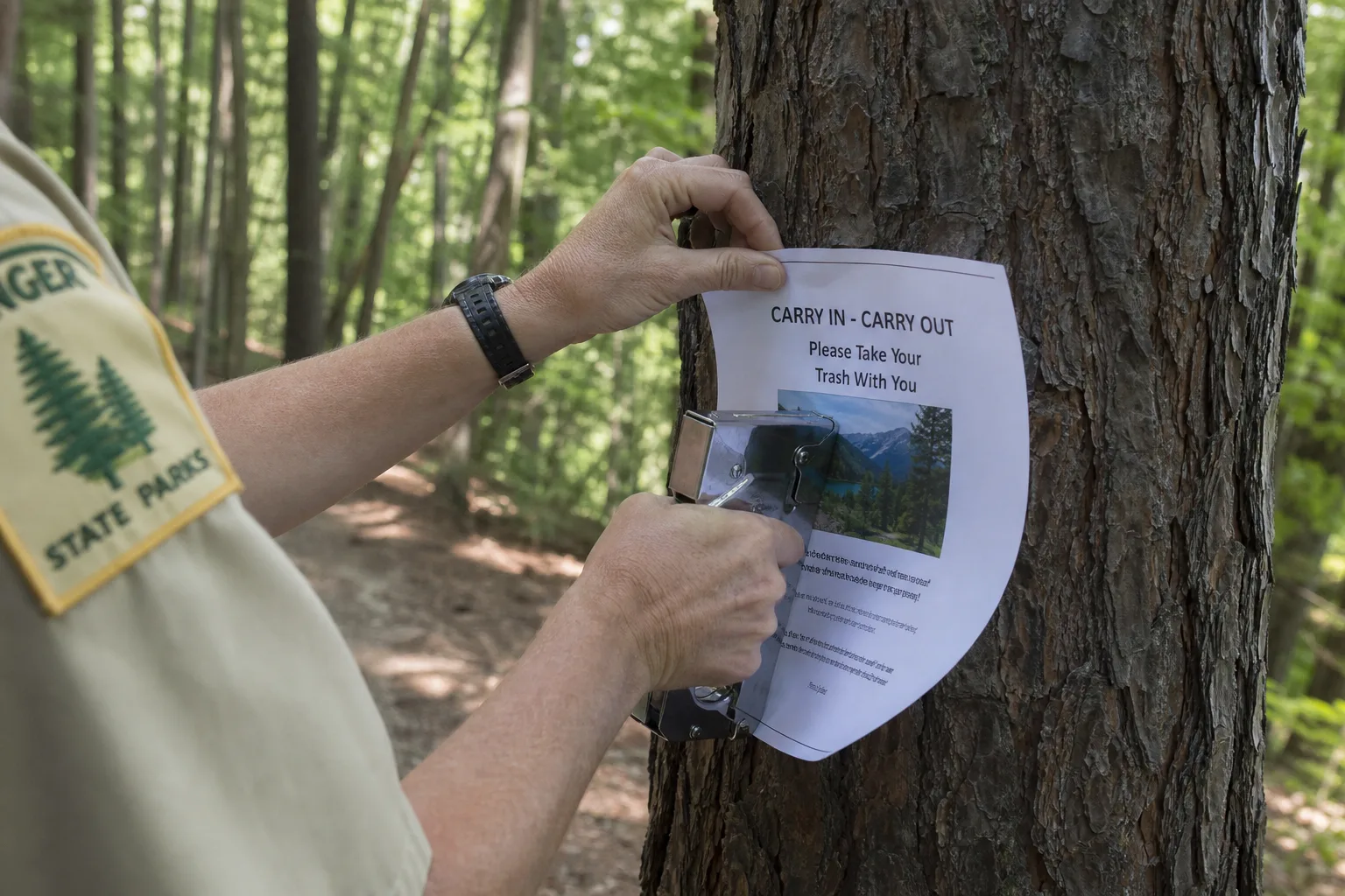 A ranger's hands stapling a flyer to the bark of a tree along a wooded trail