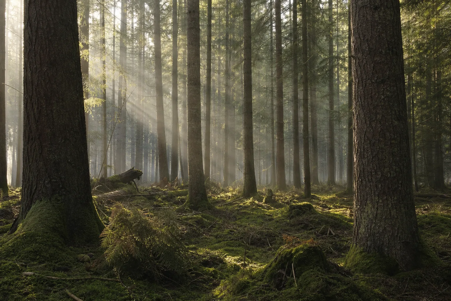 Forest with morning light through the trees over a moss-covered floor