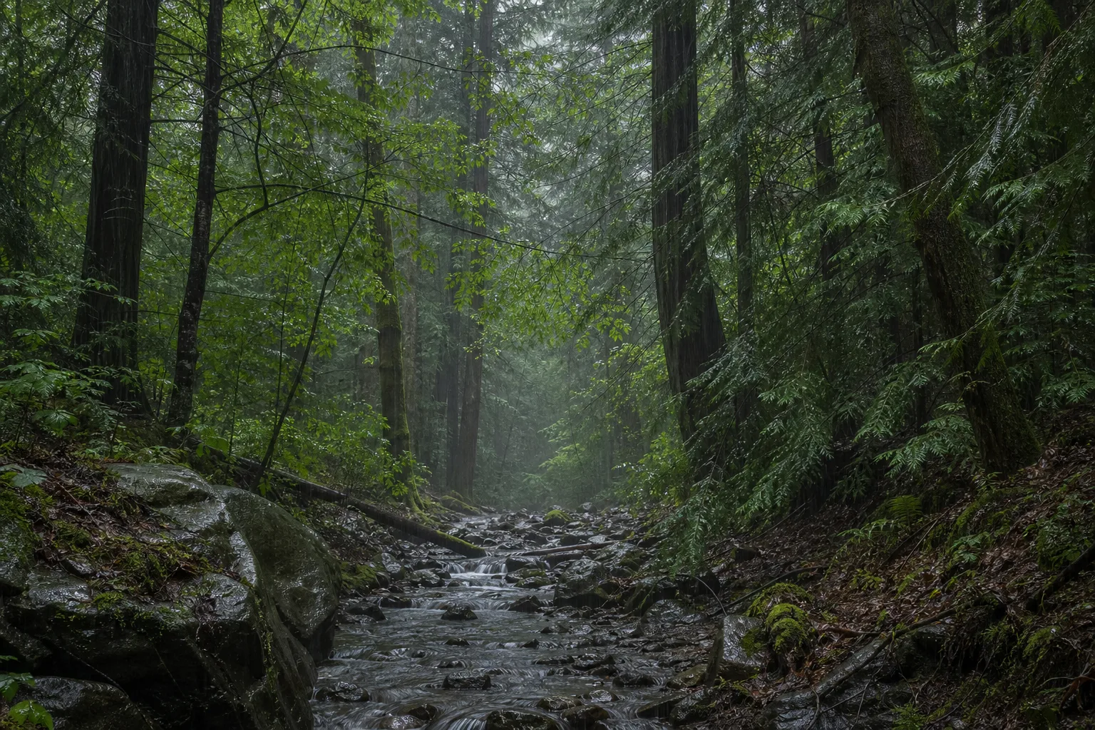 Rain falling through dense forest canopy