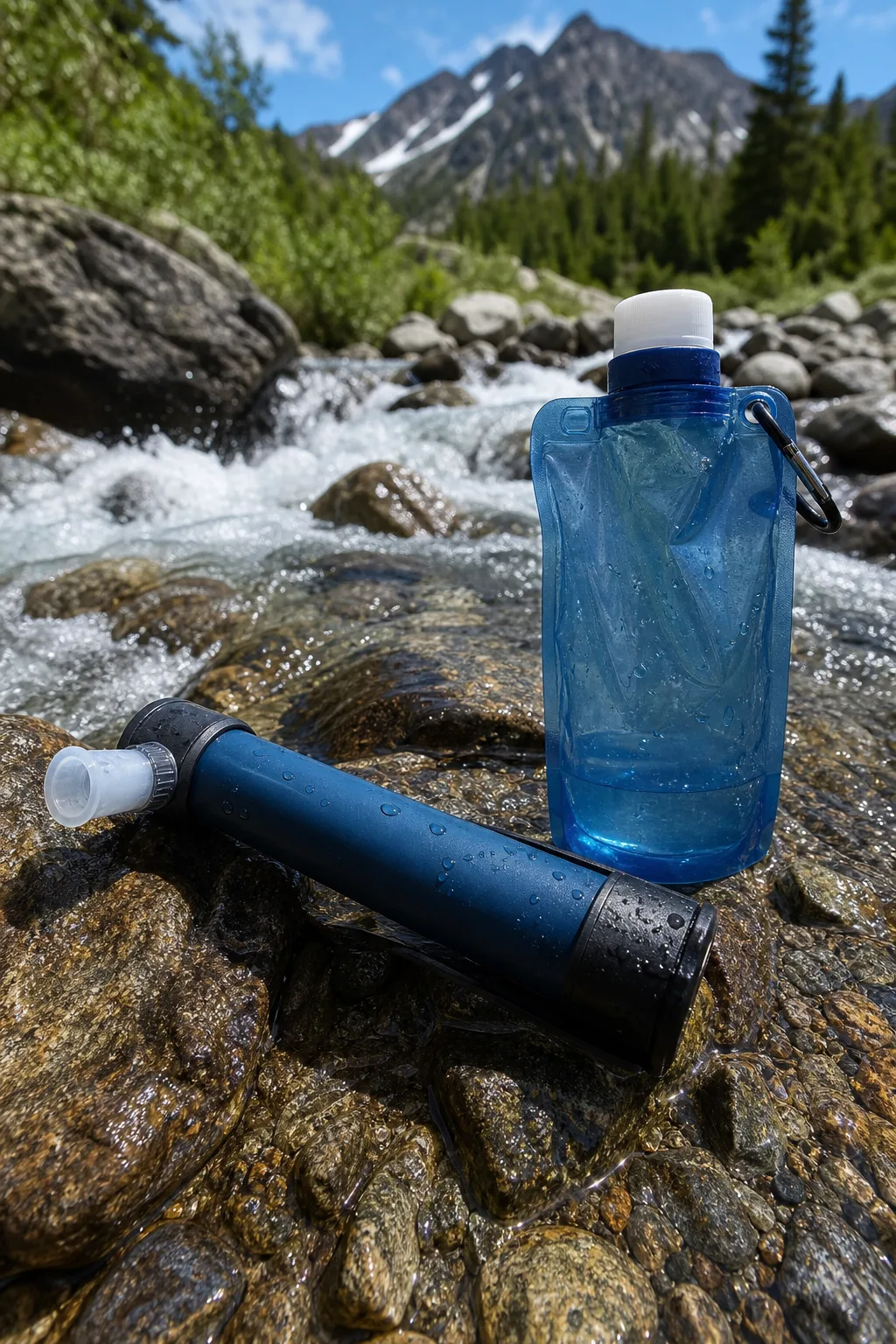 A compact water filter and collapsible bottle resting on wet stones beside a rushing mountain stream