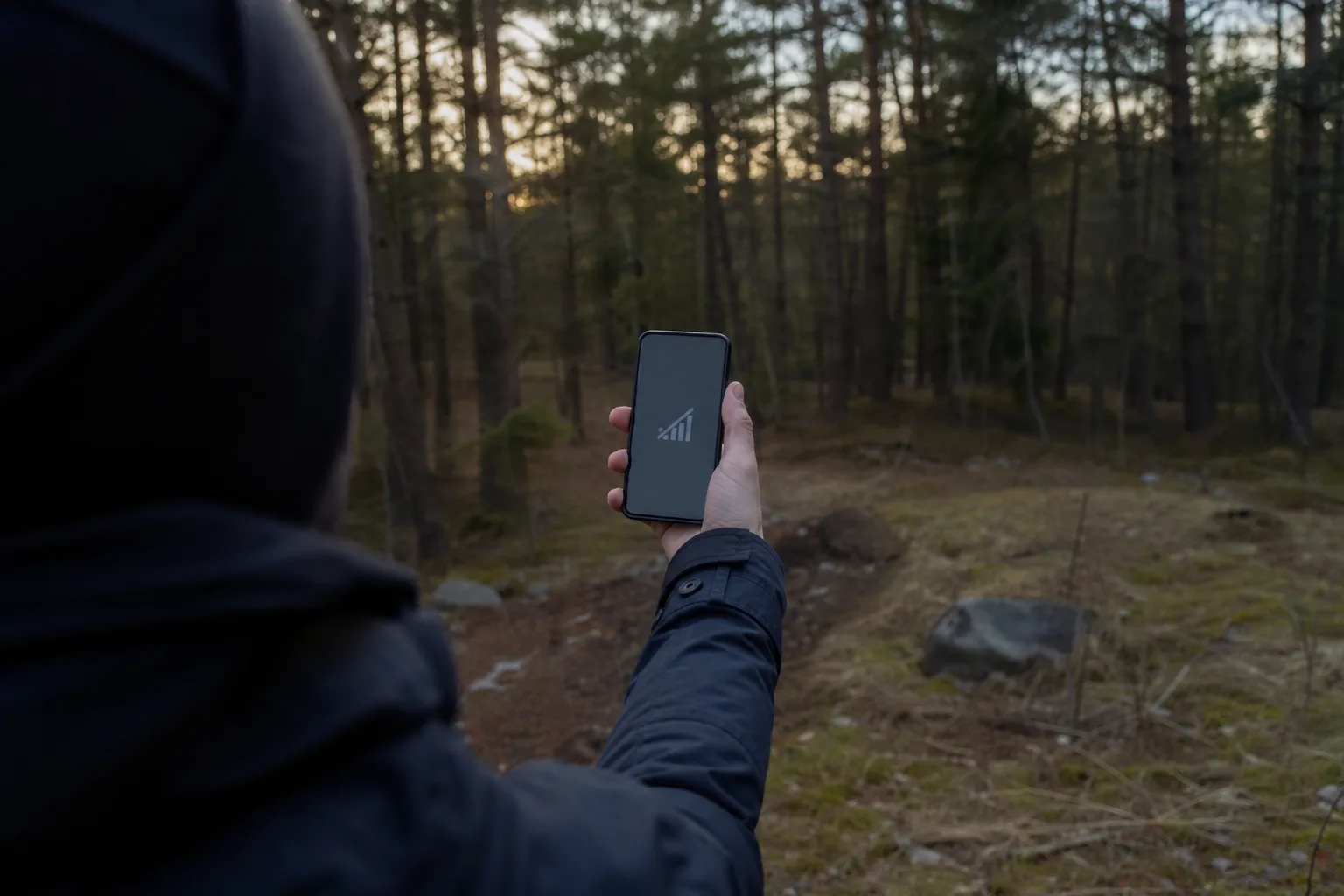 A hand holding a phone in a dim forest clearing, no signal