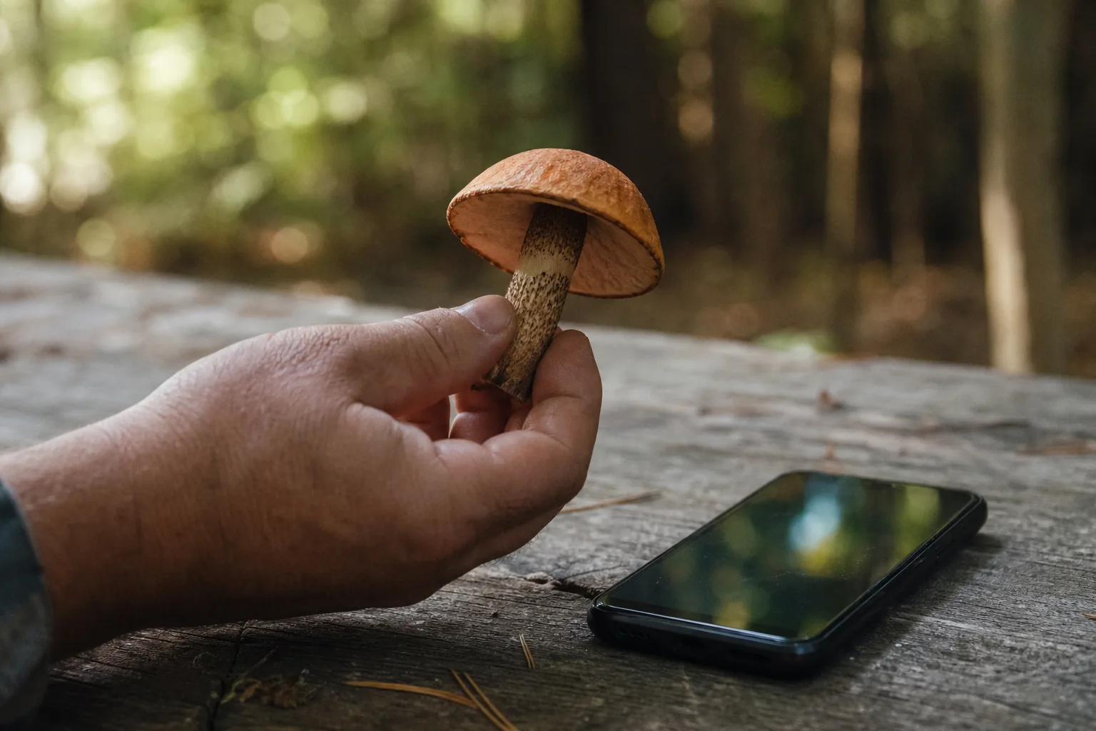 A hand holding a mushroom near a phone resting on a wooden surface