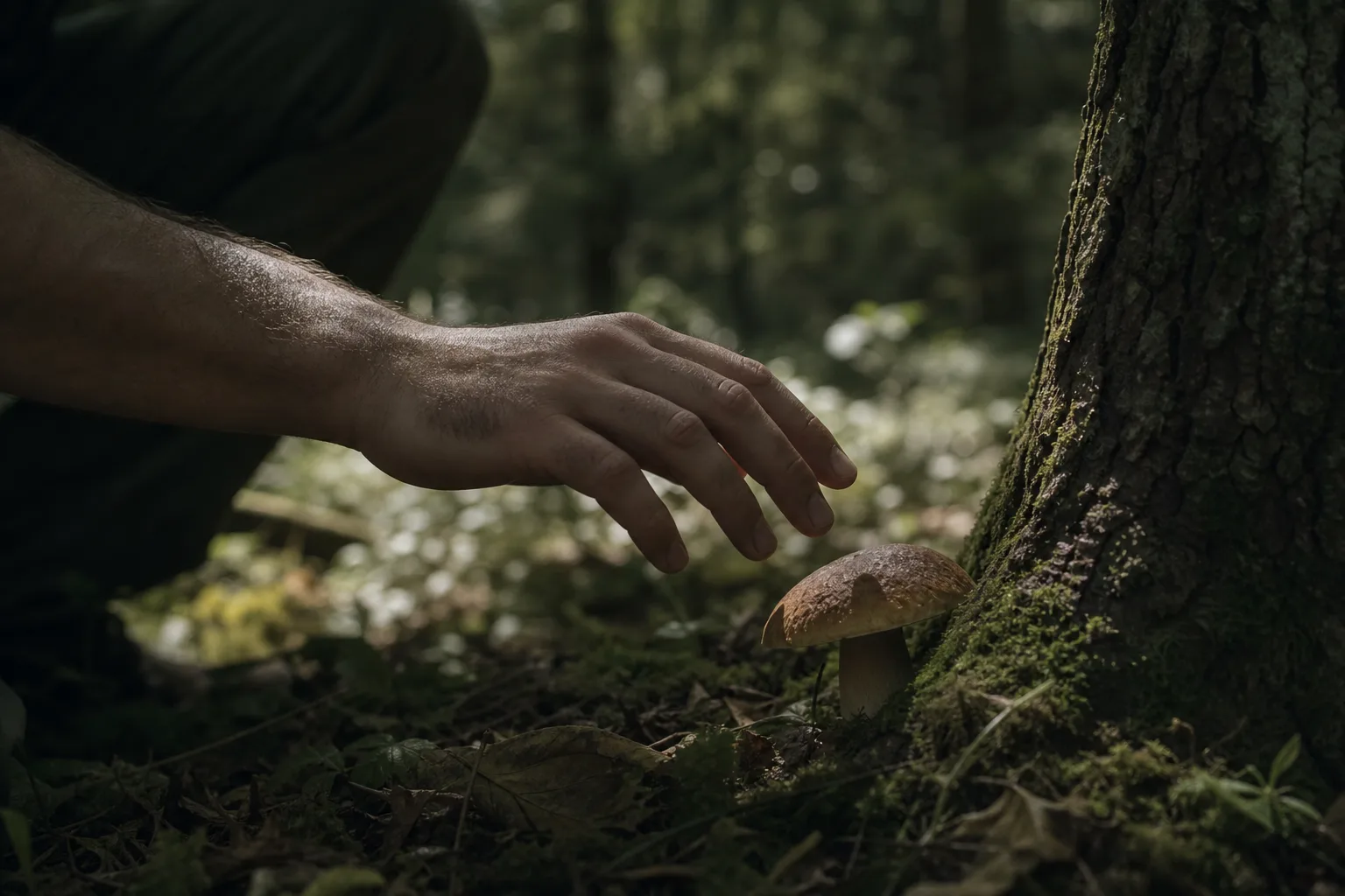 A hand hovering near a mushroom without touching it, forest light filtering down