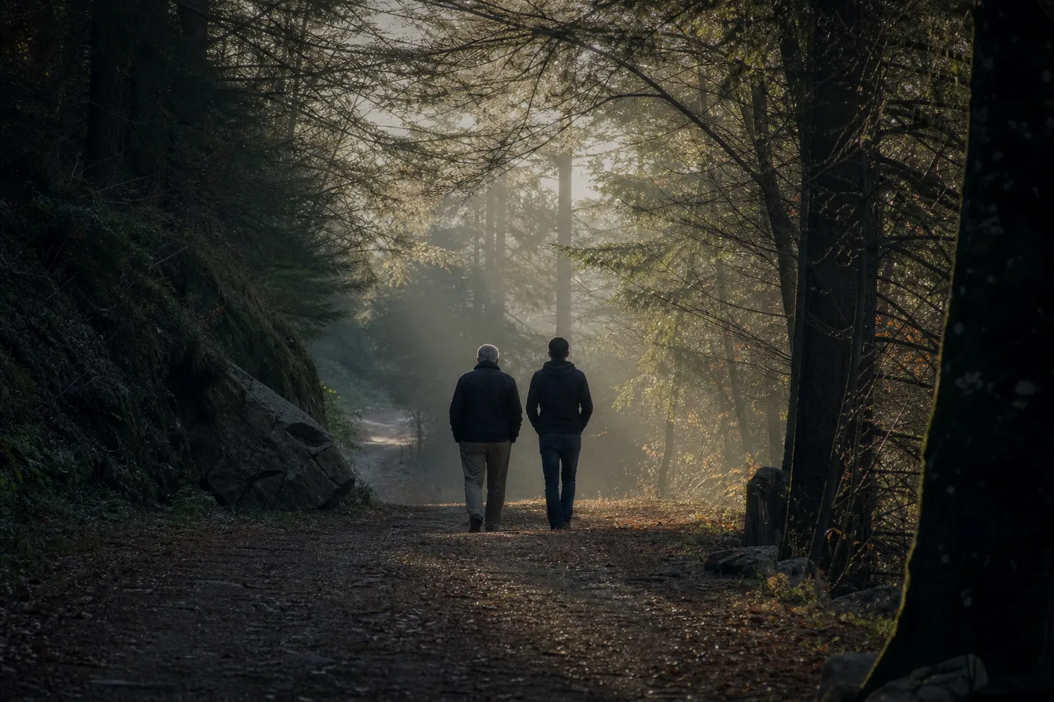 Two silhouetted figures walking away together on a misty forest trail