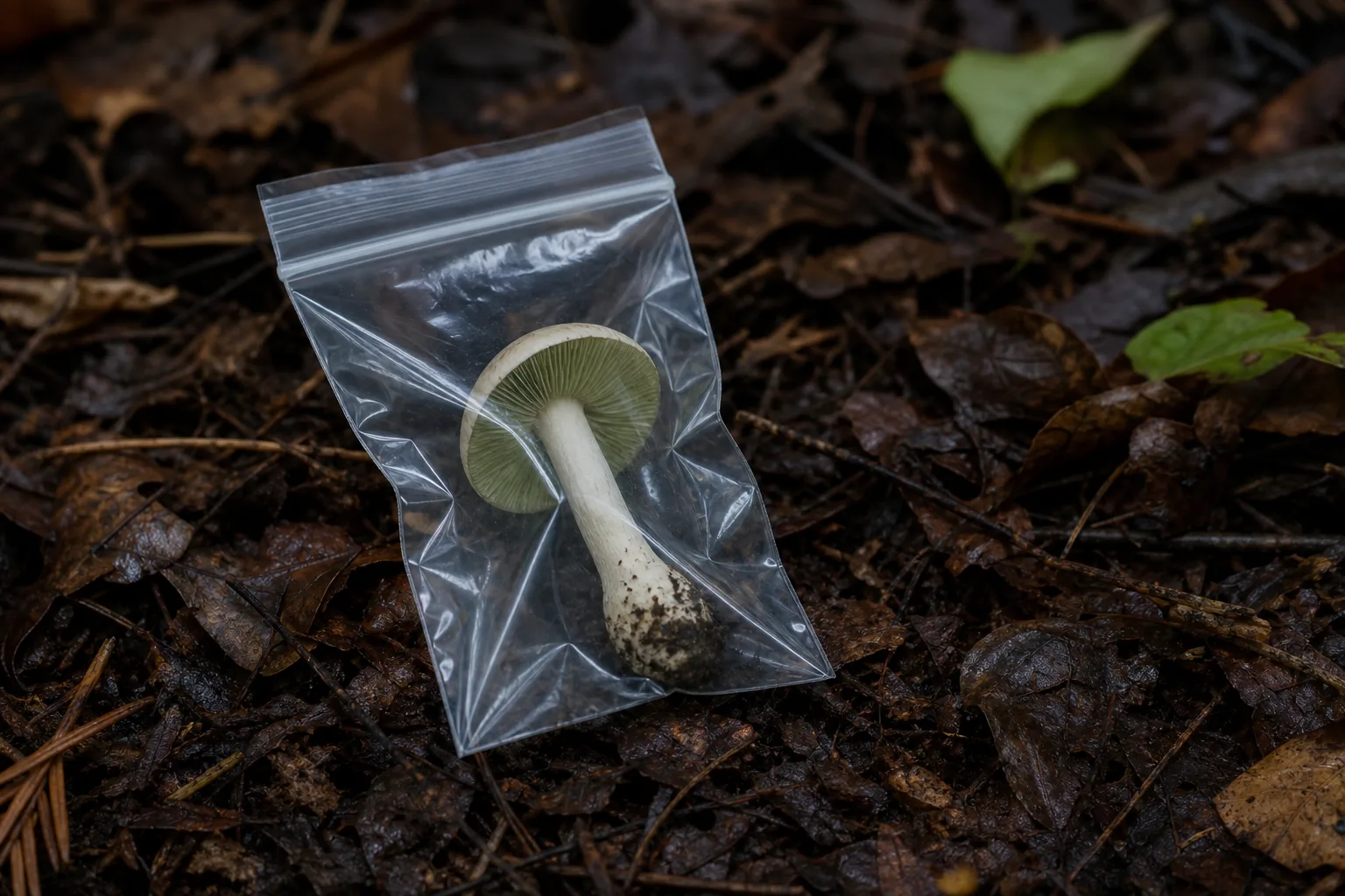 A single pale mushroom specimen sealed inside a clear plastic bag, resting on forest leaf litter