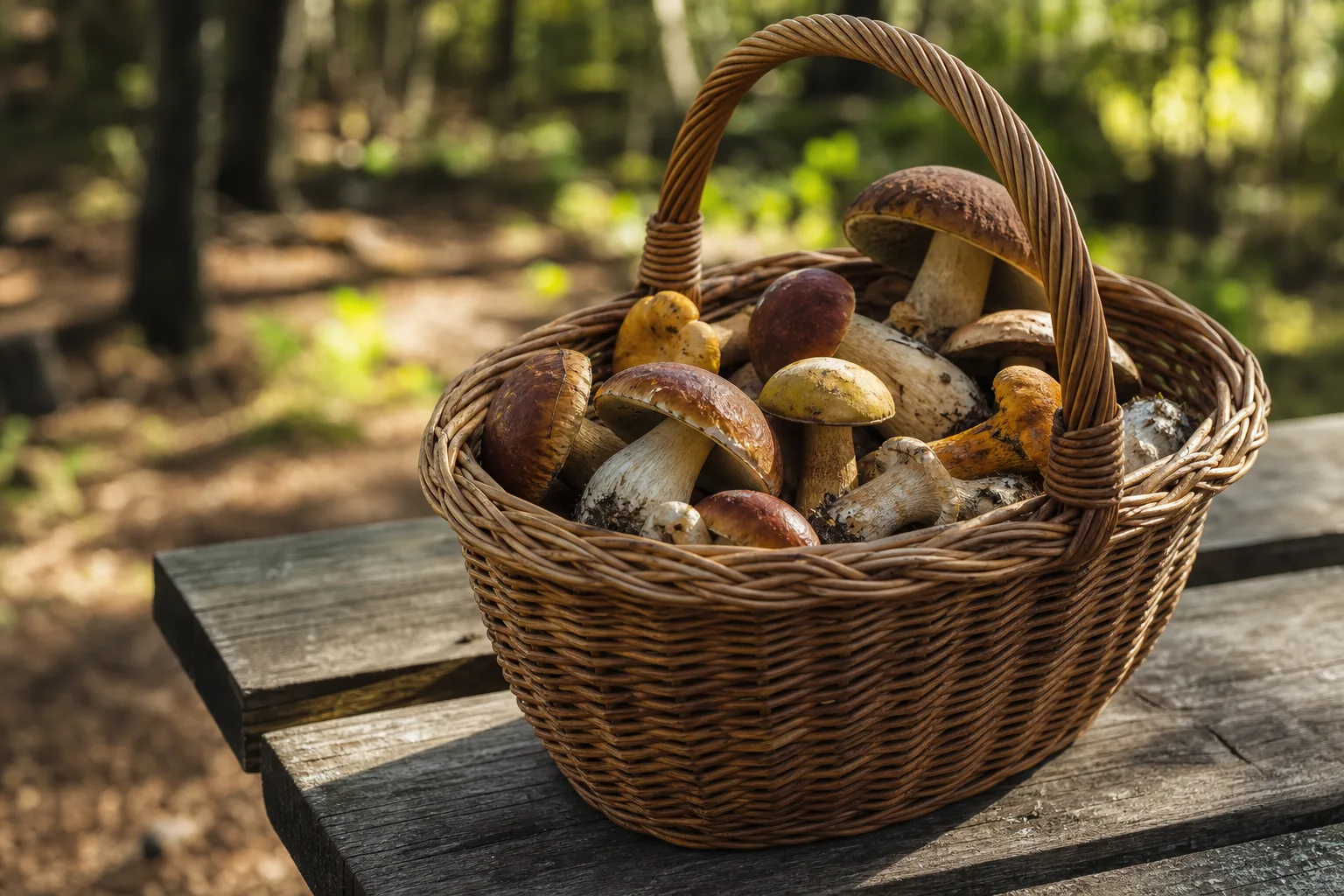 A wicker foraging basket full of wild mushrooms on a wooden table
