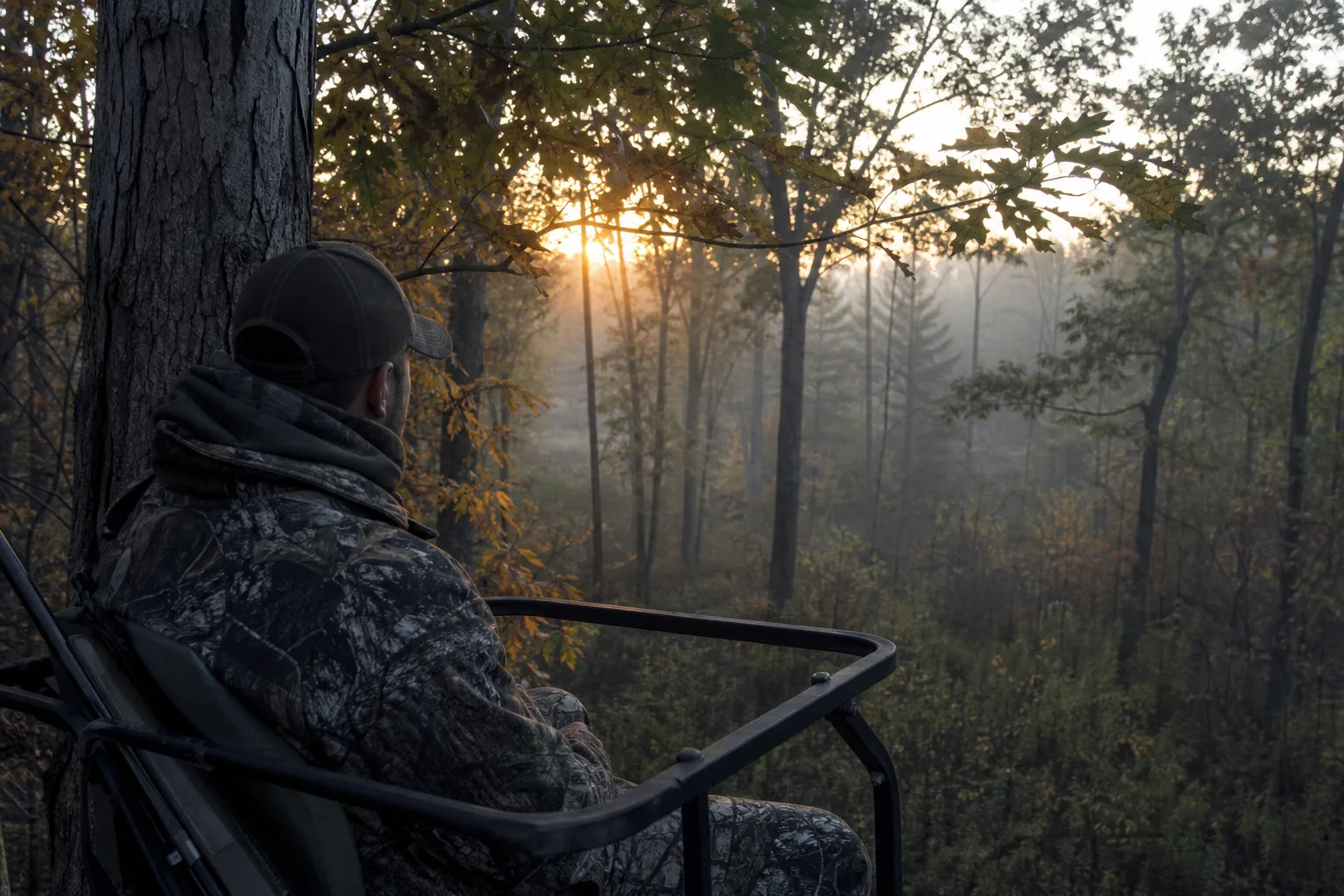 A hunter sitting still in a deer stand at dawn, misty woods around him